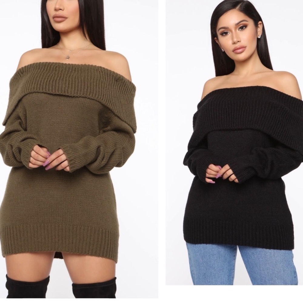 Fashion Nova Off-Shoulder Knit Sweater - Olive